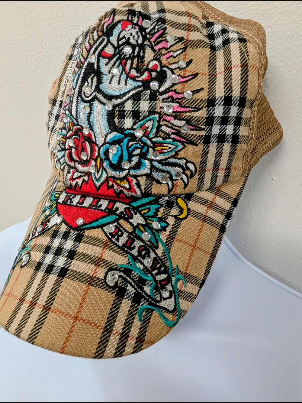 Ed Hardy Vintage Y2K Plaid Trucker Hat with Embroidered Skull and Roses